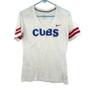 Nike Size‎ Medium Shirt White Chicago Cubs Short Sleeve V Neck Baseball Tee MLB
